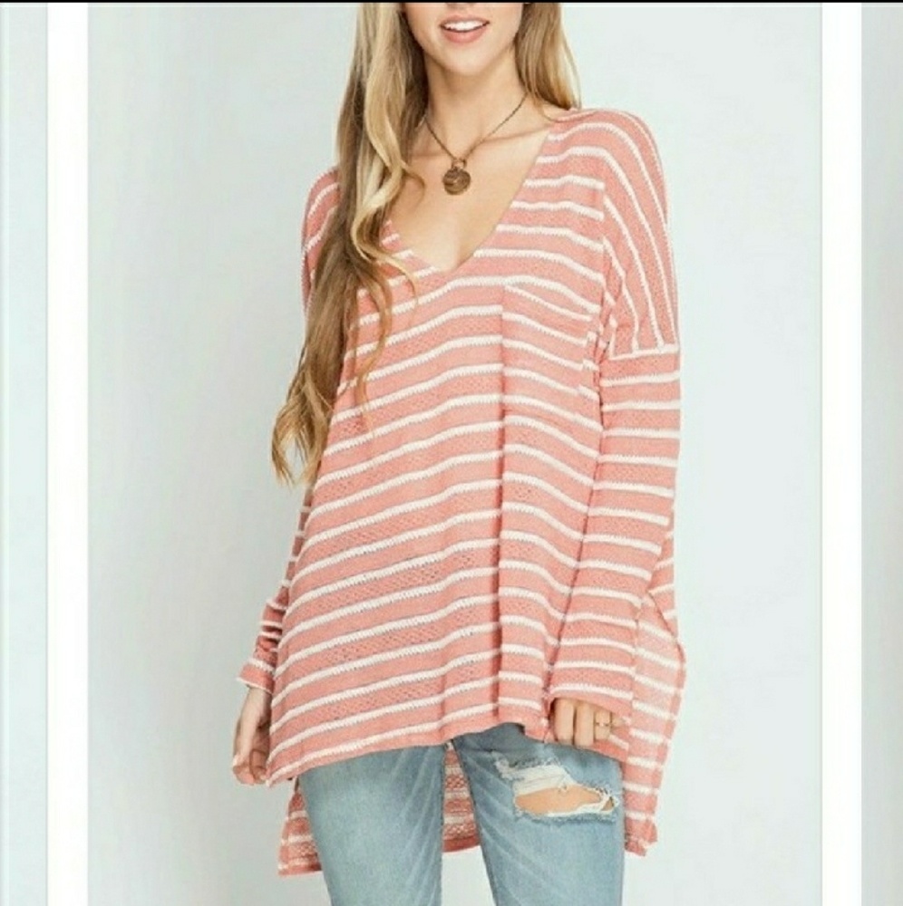 Peach striped high-low knit top